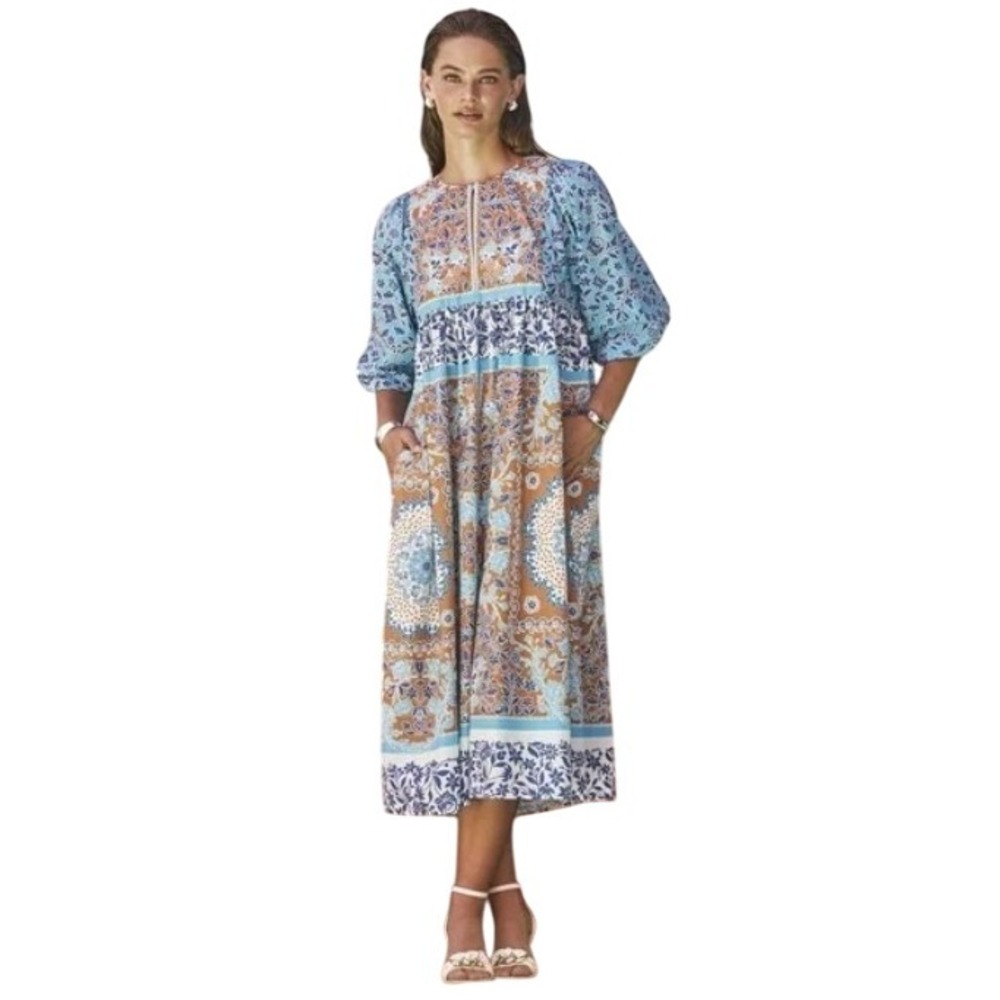 Current Air Medium Printed Split Round Neck 3/4 Dolman Sleeve Empire Waist Dress